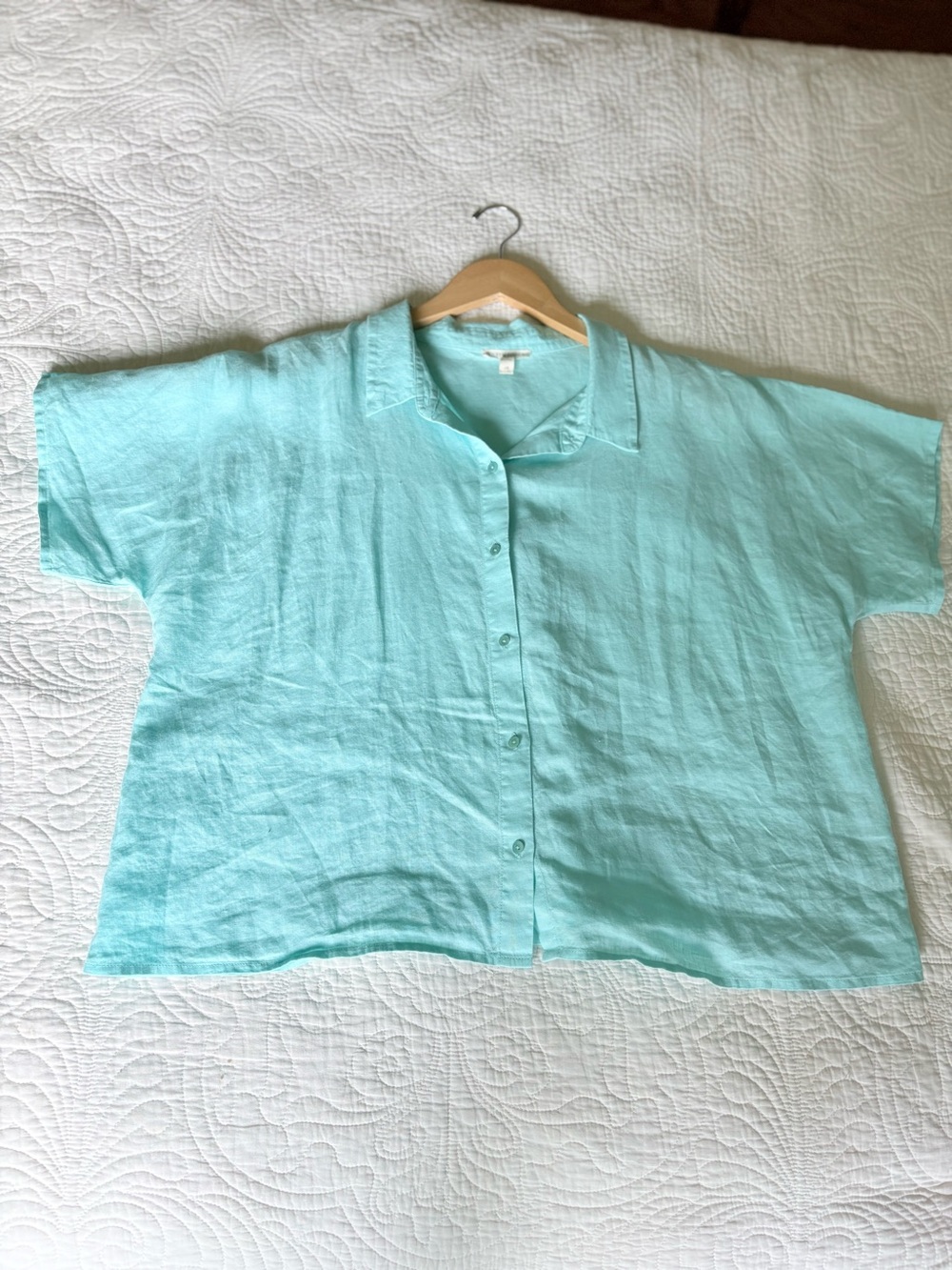 Eileen Fisher Aqua Short Sleeve Button Front Shirt - Picture 4 of 8